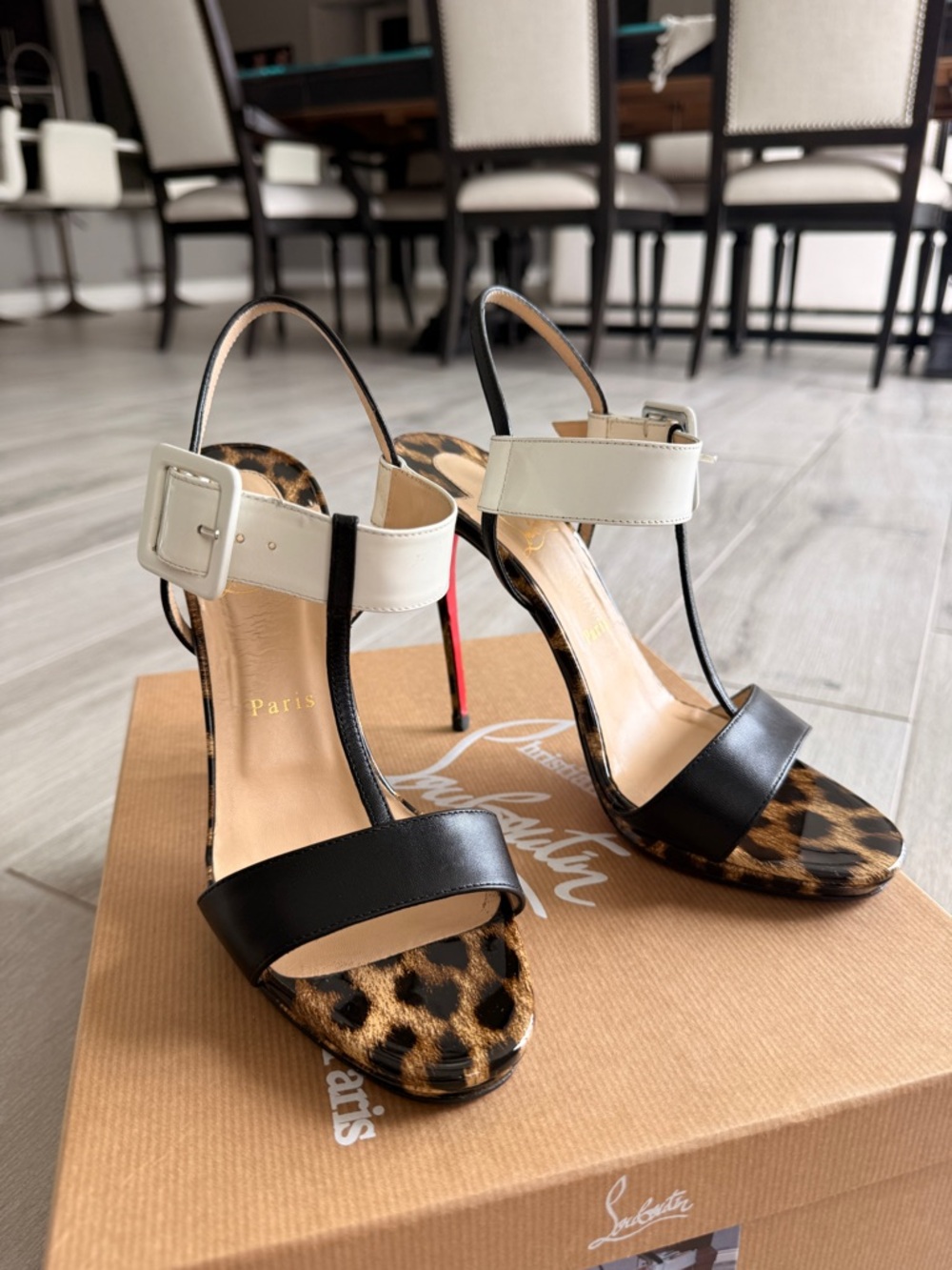 Christian Louboutin Leopard Print Stiletto Sandals with Black and Cream Straps - Picture 4 of 13